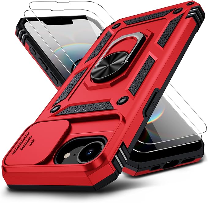 for iPhone 17e Case & iPhone 16e Case with 2X HD Screen Protector & Slide Camera Cover & Rotated Ring Kickstand, Rugged Heavy Duty Protective Phone Case for iPhone 17e/16e 6.1 inch, Red by Muntinfe