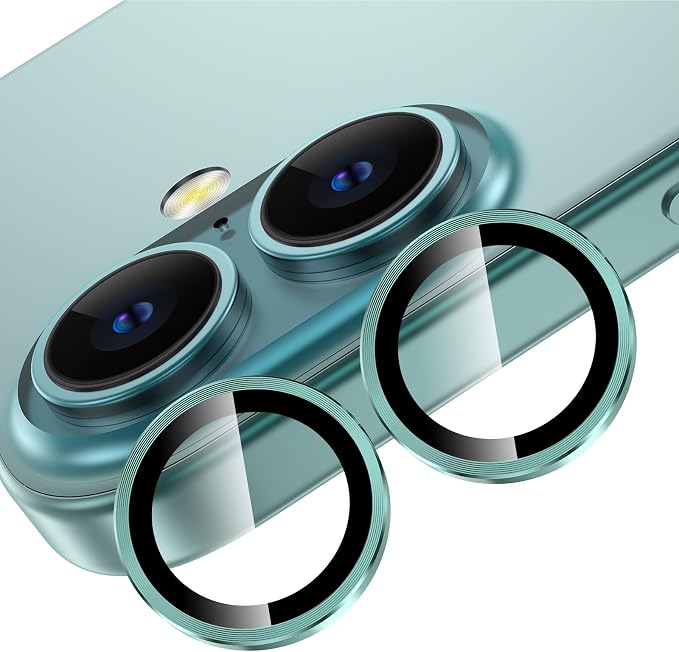 YWXTW for iPhone 16 Plus/iPhone 16 Camera Lens Protector, Individual Anti Scratch Metal Ring Tempered Glass Camera Screen Protector for iPhone 16 Accessories, Case Friendly (Teal) by YWXTW