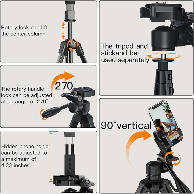 66.7" Camera Tripod Monopod with 3-Way Swivel Head, Aluminum Camera Stand | Camera Tripod with Quick Release Plate & Carry Bag, Fits Canon Nikon DSLR, GoPro, Video Cameras, Camcorders and Smartphones - Image 5