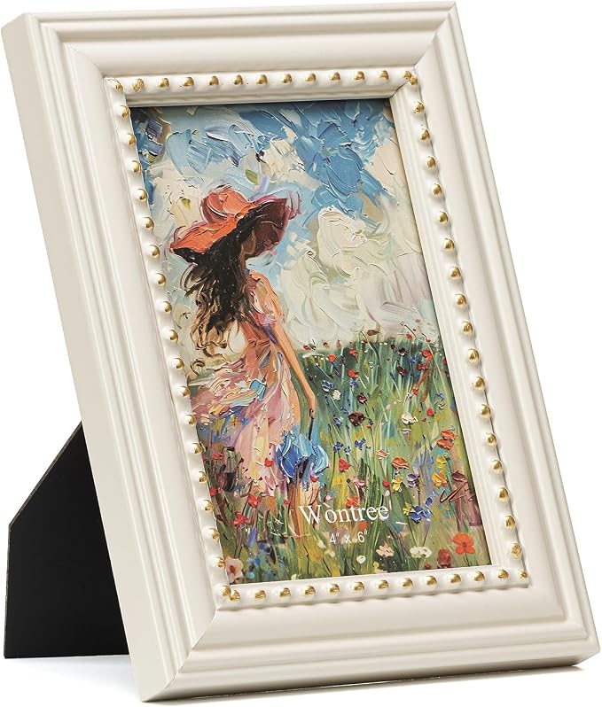 4x6 Picture Frame in Beige with Classic Gold Beaded Border, Solid Wood with Real Glass, Vertical and Horizontal Desk Tabletop or Wall Hanging - Image 2