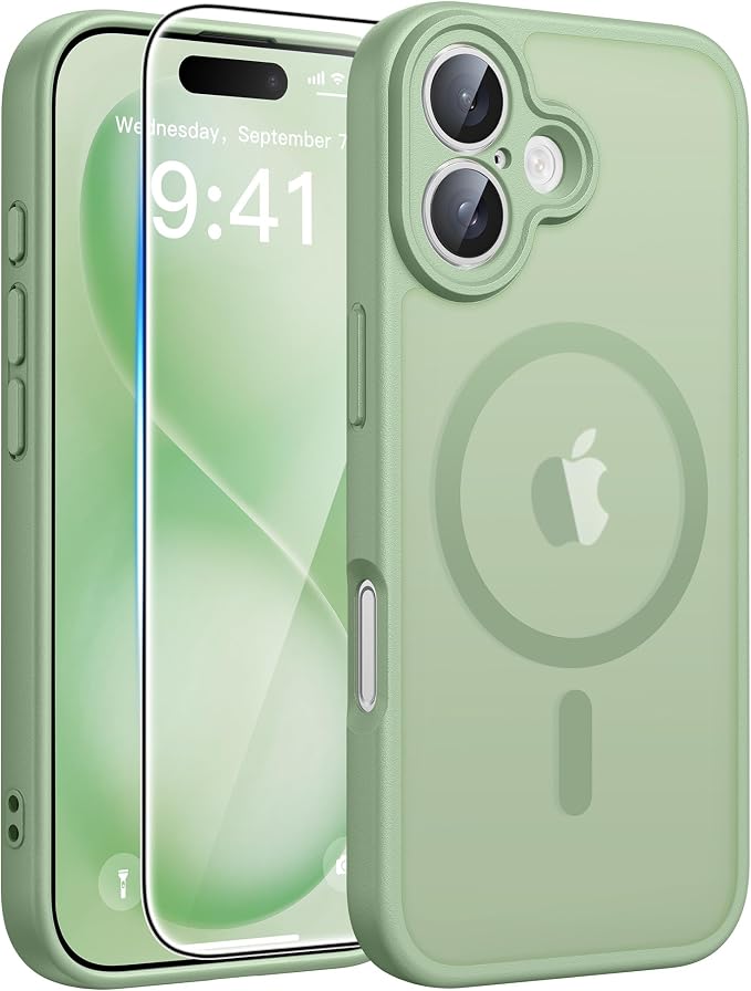 FNTCASE for iPhone 16 Plus Case, Fit for Magsafe, Screen Protector | Full Camera Protection, Translucent Matte, 14FT Military Grade Drop Proof, Shockproof Protective Phone Cover，Light Moss by FNTCASE