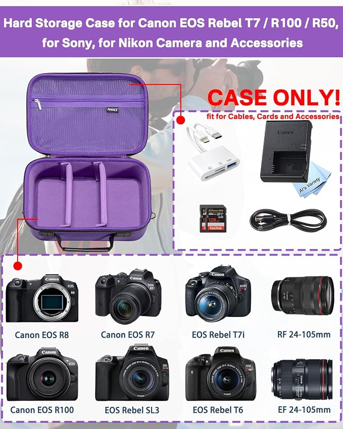 RAIACE Hard Carrying Case Compatible with Canon EOS Rebel T7/ T100/ T6/ R100/ R50/ R5/ R7/ R8, for Sony, for Nikon Camera. Large Capacity Camera Bag for Lens, Cables, Cards and Accessories. - Purple - Image 2
