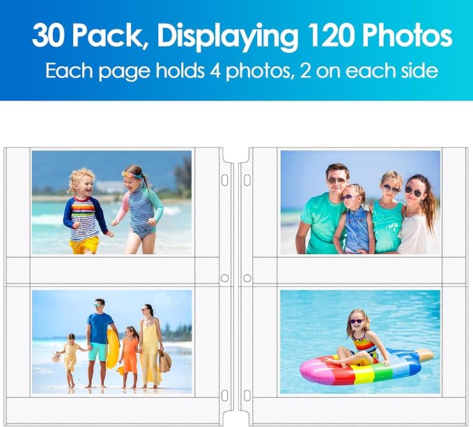 MaxGear 30 Pack 4x6 Photo Sleeves for 3 Ring Binder (120 Pictures),2 Pocket | Heavy-Duty Archival Page Protectors, Clear Photo Album Refill Pages, Plastic Postcard Sleeves, Recipe Card Binder Inserts - Image 8