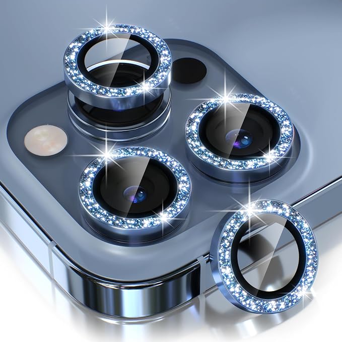 Choiche for iPhone 13 Pro/iPhone 13 Pro Max Camera Lens Protector | Ultra HD, Bling 9H Tempered Glass Camera Cover Screen Protector Metal Ring Decoration Accessories (Glitter-Sierra Blue) by Choiche