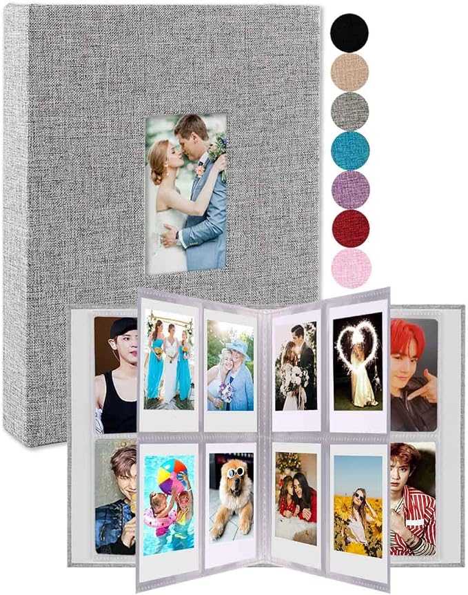 GPIRAL Mini Photo Album 208 Vertical Photos - Linen Front Window, Photo Album 2x3 Compatible with Fujifilm Instax Mini Film 7s 8 9 11, Polaroid 300, HP Sprocket, K-pop Photocards, Zip Printer, Grey by GPIRAL