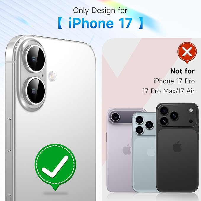 YWXTW Camera Lens Protector for iPhone 17, Individual Bling Glitter Metal Ring Tempered Glass Camera Screen Protector for iPhone 17 Accessories, Case Friendly (Glitter Silver) - Image 2