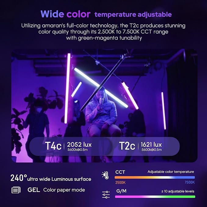 Aputure Amaran T2C 20W RGBWW LED Tube Light,APP/DMX Control,23.6inch/60cm | Stick Light,2500-7500K CCT,Rechargeable Battery,15 Lighting FX,for Video,Photo,Vlogging,YouTube,Live Streaming - Image 4