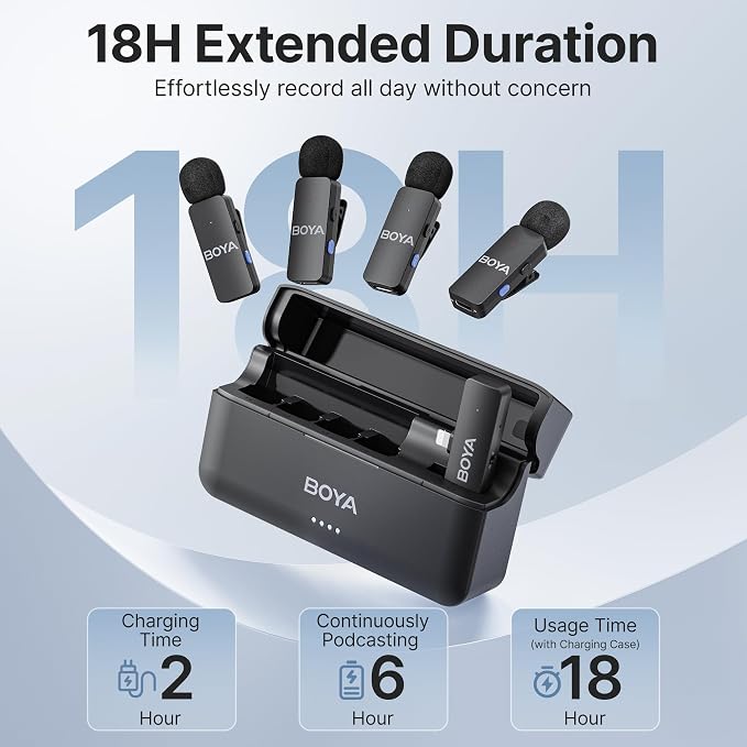 BOYA BY-V4D Wireless Lavalier Microphone for iPhone iPad with Charging case, 18H Battery Life, 650ft Range, 4-Channel Omnidirectional Noise Canceling Lapel Mics for Video Recording Interview Vlog - Image 2
