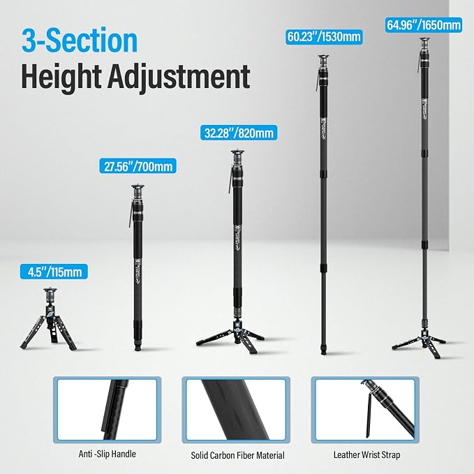 SIRUI SVM-165 Carbon Fiber Rapid Monopod, One-Step Height Adjust, 65" | 22LB Load, Monopod with Feet, Modular 3-in-1, Lightweight, DSLR, Mirrorless Camera, Travel, Outdoor - Image 6