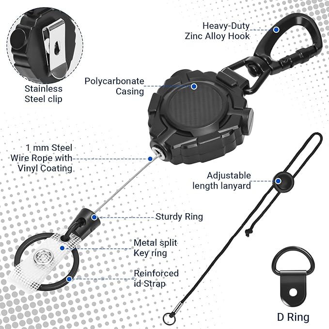 CB Mic Retractable Holder, Heavy Duty 32" Stainless Steel Tether | Includes 1 D-Rings & 1 Adjustable 12" Nylon Lanyards, For Truckers & CB Radios - Image 5