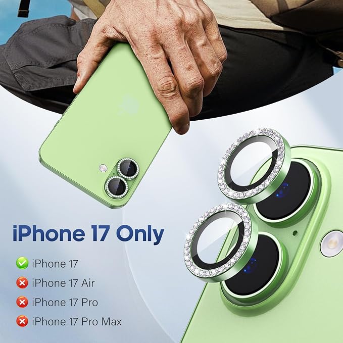for iPhone 17 Camera Lens Protector Cover Bling Diamond, Green | Individual Metal, 9H Hardness, Scratch Resistant, Shockproof, Drop Protection, Case Friendly, Stylish Accessories - Image 2