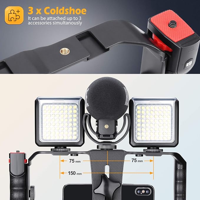 Zeadio Phone Video Rig for TikTok YouTube Reels, Smartphone Stabilizer Grip with Detachable Wireless Remote & 3 Cold Shoe, Universal Vlogging Cage for All Smartphones - Image 5