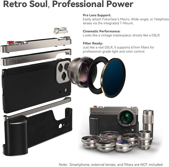 FotorGear Retro Photography Kit for iPhone 17 Pro Max & 17 Pro, Professional Phone Camera Cage with Ergonomic Grip, Integrated T-Mount for External Lenses, Supports 67mm Filters (iPhone 17 Pro) - Image 6