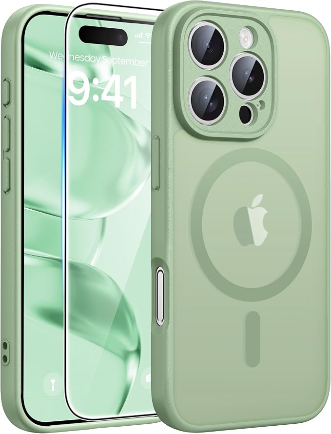 FNTCASE for iPhone 16 Pro Case, Fit for Magsafe, with Screen Protector | Full Camera Protection, Translucent Matte, 14FT Military Grade Drop Proof, Shockproof Protective Phone Cover, Light Moss by FNTCASE