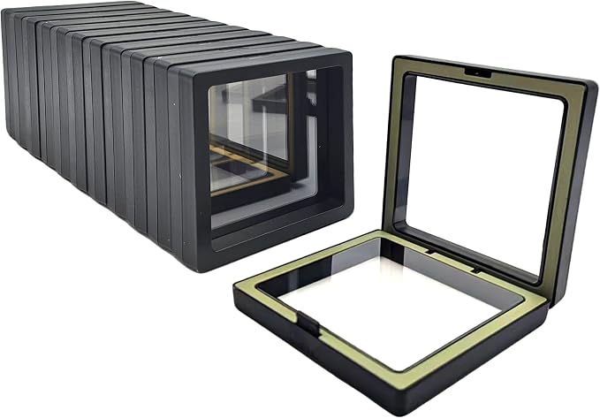 12 PCS Dual-Color Packaging Box 3D Floating Frame Display Stand, Color-Matching Packaging Display Box, Transparent Window Jewelry Case, PE Film Anti-Oxidation Storage Case. (Black+Fruit Green) by Unknown