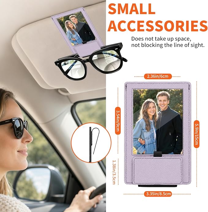 2-in-1 Car Visor Sunglasses & Photo Holder, Magnetic PU Leather Glasses Clip with Picture Display Slot, Universal Sun Visor Organizer for Eyeglasses, Personalized Cards & Memories, Lavender - Image 5