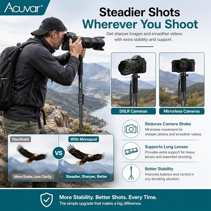 Acuvar 62 Inch Photography Monopod with Safety Strap – Lightweight Aluminum Camera Monopod for Travel & Outdoor Shooting - Image 3