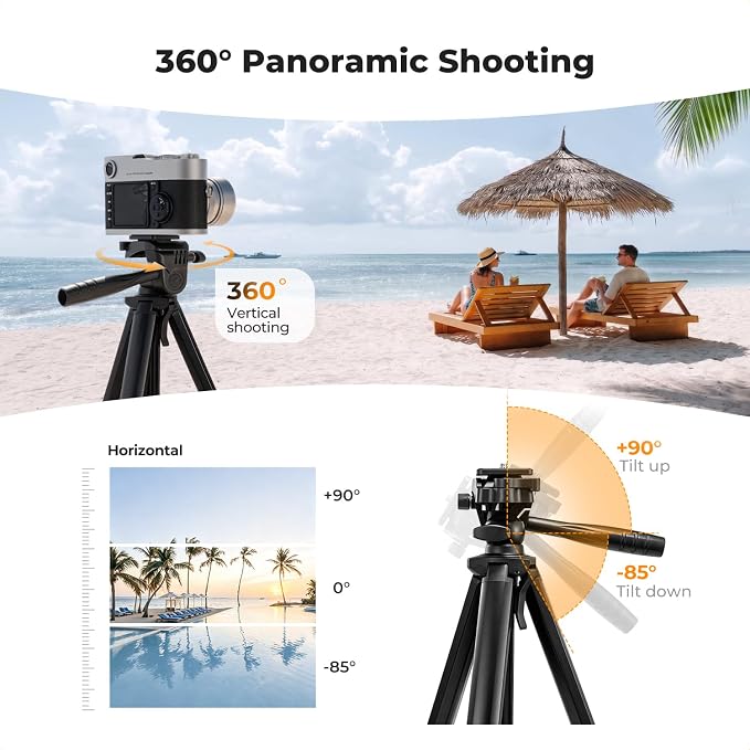 K&F CONCEPT 57.9'' Tripod for Phone& Camera, Compact Portable Travel Tripod | Folds to 17'' Weighs 1.36lbs, 360° Rotation & +90°/-85° Tilt Max Load 4.4lb, Compatible with Smartphones, Cameras. S204A1 - Image 5
