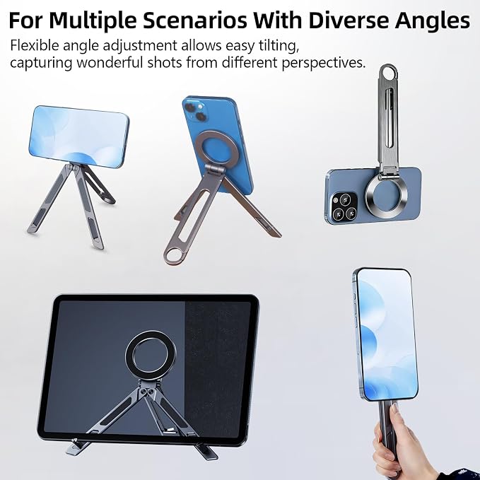 Magnetic Phone Tripod Stand for iPhone iPad, Aluminium Portable Phone Tablet Holder with Carabiner Smartphone Mini Tripod Stand Strong Magnet Compatible with iPhone 17 16 15 14 13 12 iPad Series - Image 6