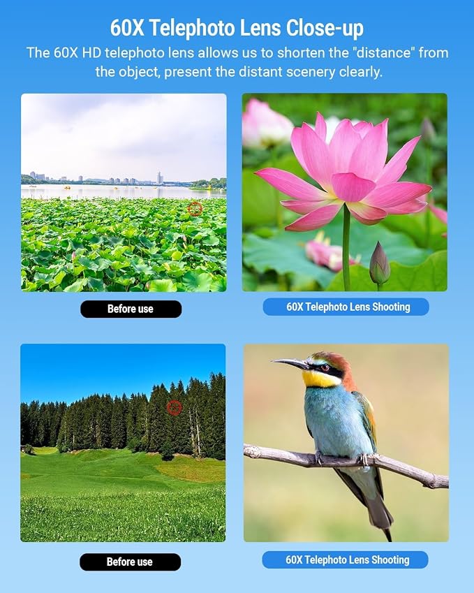 APEXEL High Power 60X HD Telephoto Lens, High Power Telephoto Mobile Cell Phone Lens with Extension Tripod and Wireless Remote for iPhone 15 Pro/14 Pro/13 Pro, Samsung and Most Smartphone - Image 4
