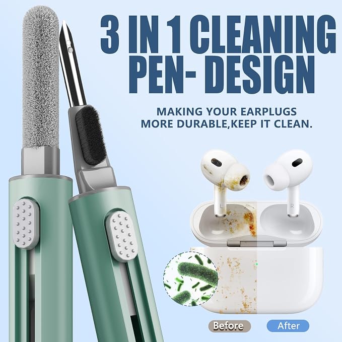 Inesore for AirPod Cleaning Kit, for Phone Earbuds Electronics (Green) | Metal Tip, High-Density Soft Brush, Flocked Sponge Tip, 3 in 1 Design, Compact & Lightweight, Easy Operation, Easy to Carry - Image 2