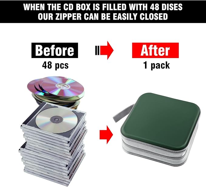 CD/DVD Case Wallet, 48 Capacity, Dark Green, Plastic, Portable Storage Organizer | Zipper‑DVD Organizer, Scratch‑Resistant Sleeves Shield Discs From Dust & Damp; Stores Music, Video, Gaming & Blu‑ray Discs - Image 4