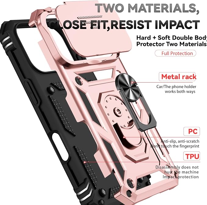 SunStory Phone Case for iPhone 17 Pro Case with HD Screen Protector & Slide Camera Cover & Rotated Ring Kickstand, [Military-Grade] Phone Case for iPhone 17 Pro, Rose Gold - Image 8