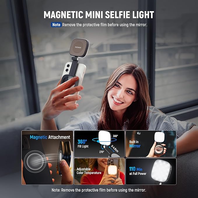 NEEWER BASICS Magnetic Selfie Light Compatible with MagSafe iPhone,CRI95 700lx/0.3m Folding LED Phone Fill Ring Lighting with Mirror for Zoom Makeup Photography Recording Video Conference, Black NL48B - Image 3