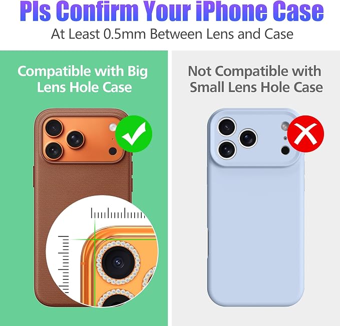 AGVEE 3+3 6 Pack for iPhone 17 Pro & Max Camera Lens Protector Cover | Individual Bling Diamond & Bling Glitter Sparkle Cute Gem Metal Ring, 9H Tempered HD Glass - Image 3
