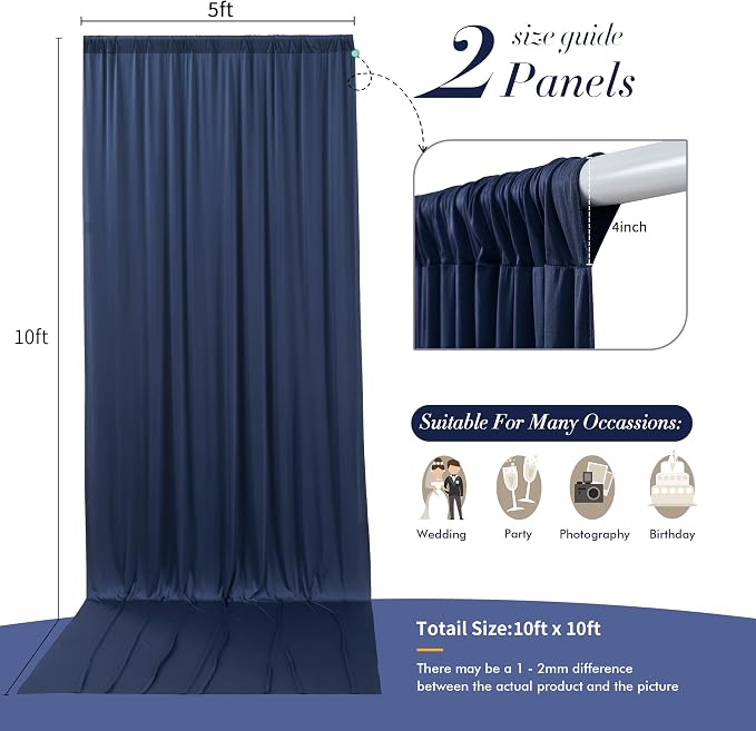 10 ft x 10 ft Wrinkle Free Navy Blue Backdrop Curtains Panels, 2 Panels 5ft x 10ft Sikly Polyester Photo Backdrop Drapes for Graduation Baby Shower Wedding Birthday Parties Photography Background - Image 4