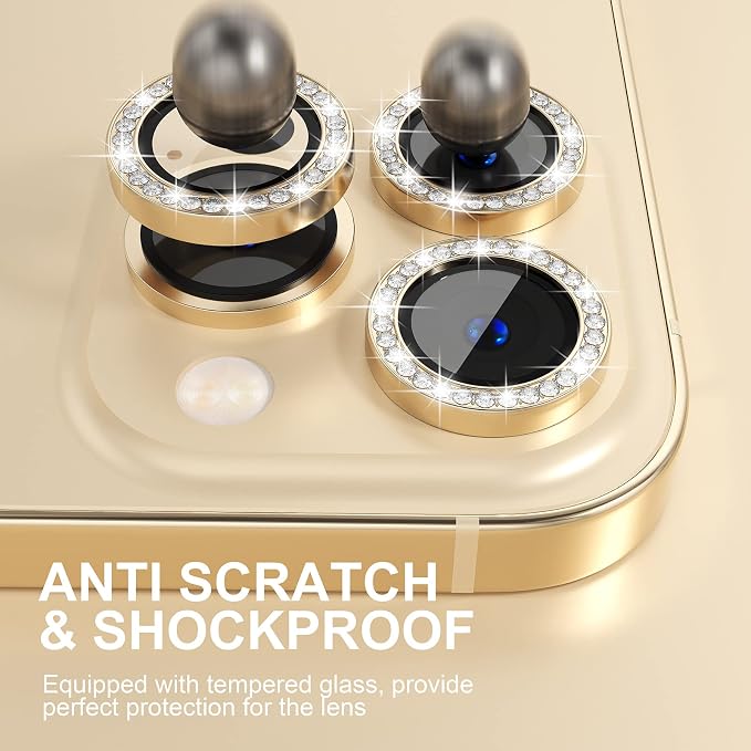 Choiche for iPhone 13 Pro/iPhone 13 Pro Max Camera Lens Protector | Ultra HD, Bling 9H Tempered Glass Camera Cover Screen Protector Metal Ring Decoration Accessories (Diamond-Gold) - Image 3