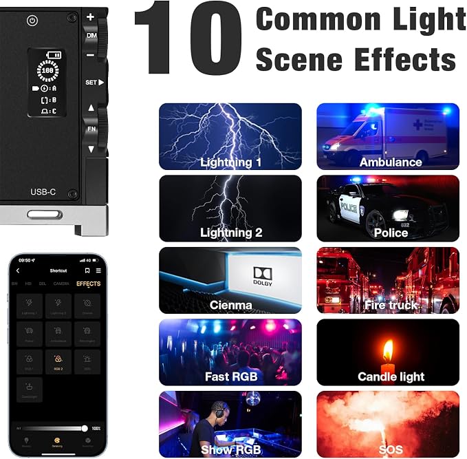Pixel G1s RGB Video Light with APP Control, 12W 210 Minutes Rechargeable Battery LED Camera Light, 10 Common Lighting Effects, CRI≥97 2500-8500K LED Video Light with Aluminum Alloy Body - Image 4