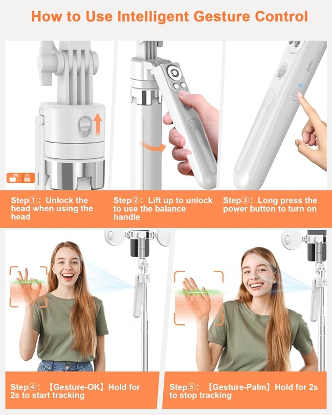 Yeaki 71” Auto Face Tracking Tripod for iPhone with Light,360° Rotating Phone Stand with Rechargeable Remote Control for TikTok Vlog, Phone Tripod for Android Camera/GoPro/Ring Light (White) - Image 8
