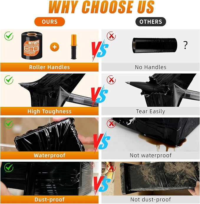 Black Stretch Film Shrink Wrap for Moving Supplies (5inch, 2 Pack) x 1000ft, Industrial Strength Plastic Wrap Stretch Roll for Pallet Wrapping Shipping Moving Boxes Storage Furniture with Handles - Image 5