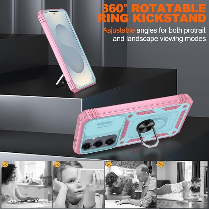 Gritup Fit for Samsung Galaxy S25 Plus Phone Case with Slide Camera Cover | 2 Pack Screen Protector, Build in 360° Rotating Ring Kickstand, Military Grade Shockproof Protective Phone Case, Green+Pink - Image 7