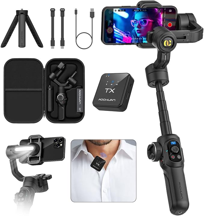 AOCHUAN S2 Smartphone Gimbal Stabilizer w/Wireless Lavalier, Built-in 18cm Extension Rod & Fill Light, Professional 3-Axis Gimbal for iPhone & Android for Video Recording by AOCHUAN