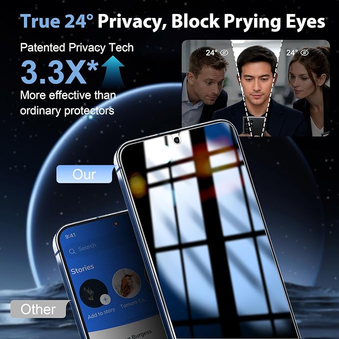 3 Pack for Samsung Galaxy S24 Plus / S25 Plus Privacy Screen Protector | Easy Installation Frame, Anti Spy Private Tempered Glass, Fingerprint Unlock, Bubble Free, Case Friendly - Image 3