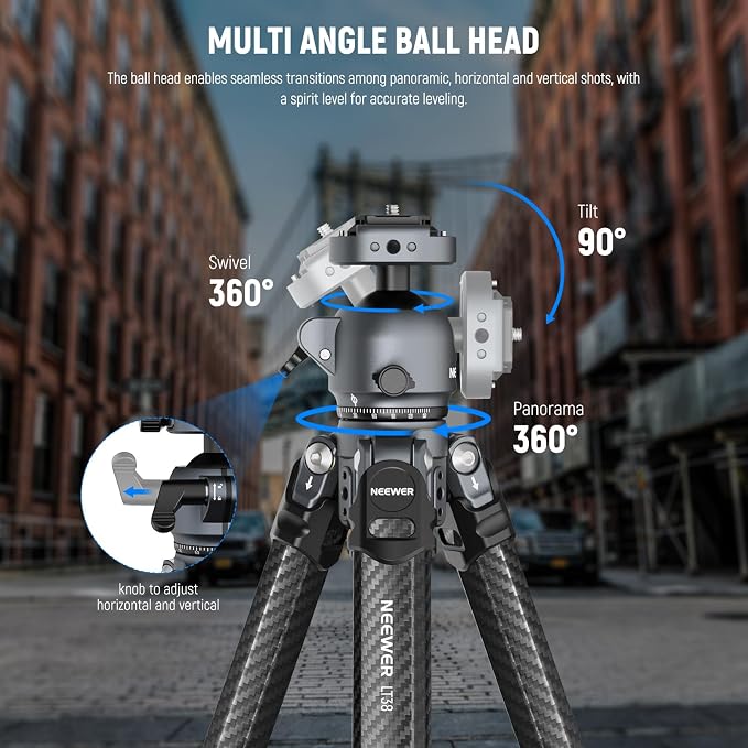 NEEWER LITETRIP LT38 61" Travel Tripod Carbon Fiber for Camera, 360° Pan Tilt Low Profile Ball Head, Flexible Center Axis, Arca QR Plate Compatible with PD, Max Load 22lb - Image 5