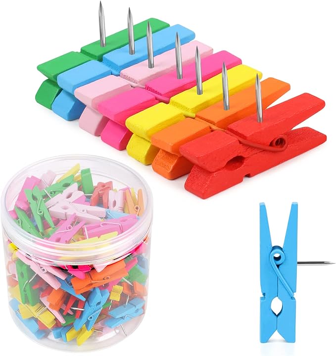 130 PCS Colorful Push Pin with Wooden Clips, Durable Wooden Push Pins, Decorative Pushpins Tacks Thumbtacks, Tacks for Cork Board Artworks Notes Photos, Craft Projects, Offices and Homes (7 Colors) by Joyberg