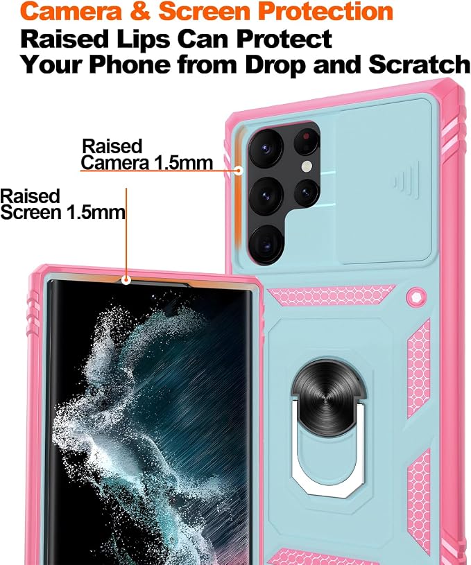Gritup for Galaxy S22 Ultra Case Military-Grade Shockproof with Kickstand | with 2 PCS Screen Protector, Slide Camera Cover, Heavy Duty Outdoor Protection Funda para Samsung S22 Ultra Cover, Green+Pink - Image 5
