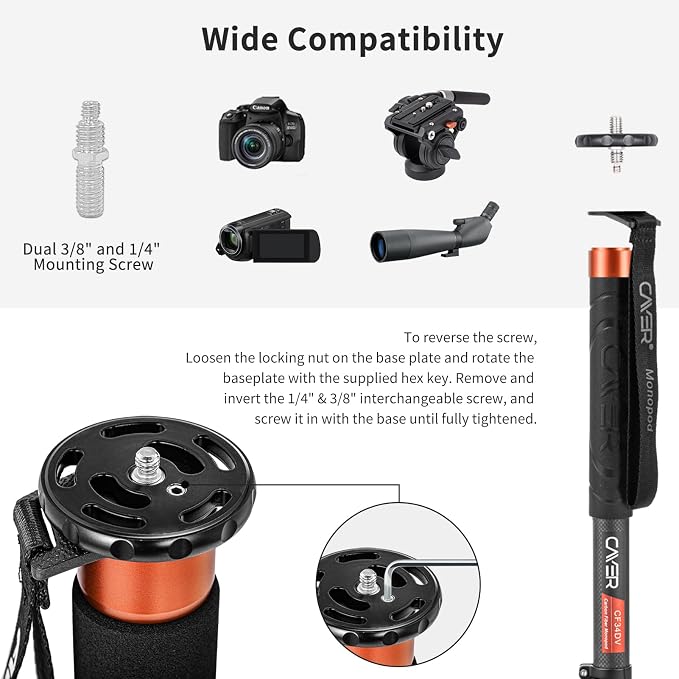 Cayer FP34 Video Monopod, 71" Alu 4-Section Fluid Head with Feet for DSLR | 4-Section Alu Tube, Fluid Head, Folding 3-Leg Base, 13.2 Lb Load, Dual-Mode Compatible Mount - Image 3