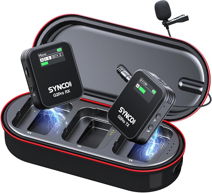 SYNCO Wireless Lavalier Microphone 2.4G Lav Mic with Charging Case 656FT 8H for Online Class Live Streaming YouTube for Camera Smartphone Tablet (1TX+1RX(with Display+8GB +Charging Case) by SYNCO