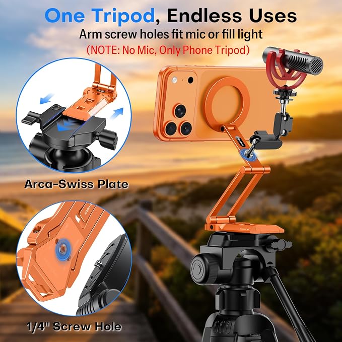 OMOTON TP06-E [3-Adjust] Sturdy Magnetic Phone Tripod for iPhone 17 Pro Max | Aluminium Phone Stand for MagSafe with Hook 1/4" Screw& Arca, Travel Essentials Gift for Vlog, Creators, Live, Orange - Image 2