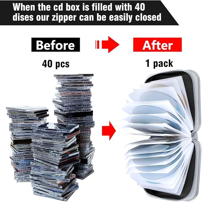Siveit CD/DVD Cases 40 Capacity Disc Storage Binder for Car(Black) | Holders Wallet Hard Plastic CD/DVD Case for Car Home Office Travel - Image 4