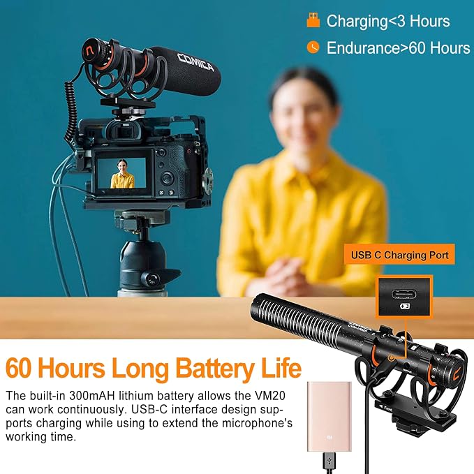 COMICA VM20 Shotgun Microphone for Camera, Super-Cardioid Camera Microphone with Rycote Shockmount, Windscreen, Wind Muff, OLED Power Display, Video Mic for Smartphones, DSLR Cameras, Camcorders - Image 4