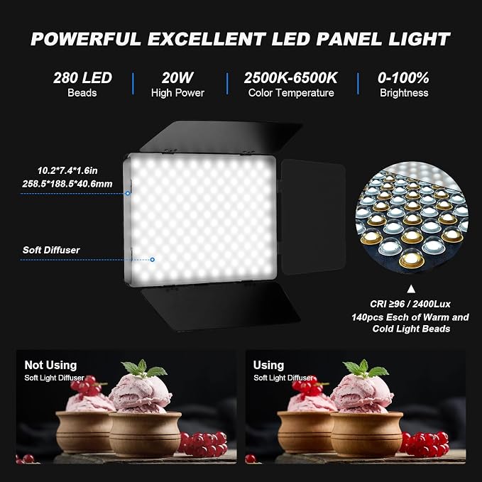 2Pack LED Video Light Kit with Barn Door 12.6" Bi-Color 2400Lux 2500-6500K | 280 LED Beads CRI 96+ Dimmable Photography Light Kit for Video Recording, Filmmaking, YouTube, Studio and Live Stream - Image 2