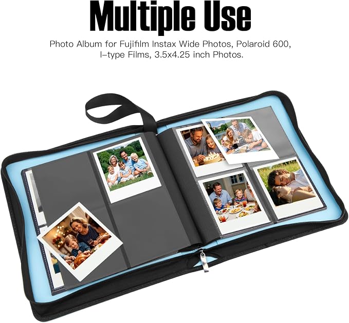 Veicevol 256-Pocket Album for Polaroid i-Type, 600 & SX-70 Photos, Blue | Designed for Fujifilm Instax Wide Photos, Water-Resistant PU Leather Cover, Zipper Closure, Securely Holds Up to 256 Photos - Image 2
