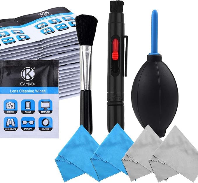Camera Lens Cleaning Kit - Air Blower, Cleaning Brush, 2in1 Lens Cleaning Pen, 50 Individually Wrapped Wet Tissues and 4 Microfiber Cloths by CamKix