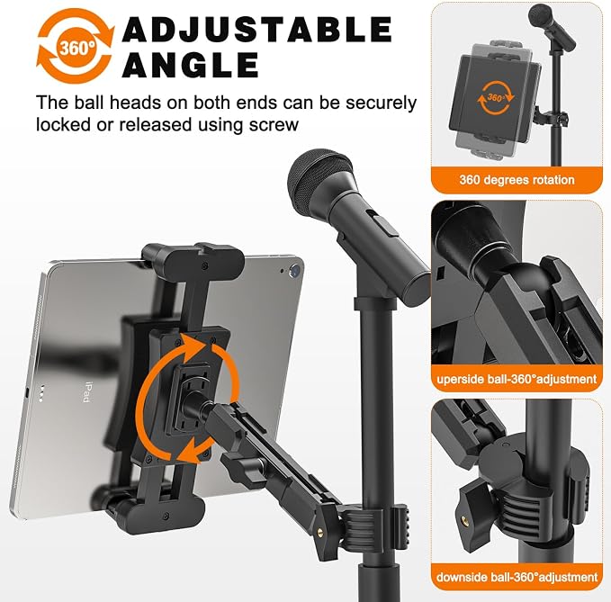 iPad Mic Stand Mount, 360 Rotation Tablet Holder for Microphone Music Stand with 5.9 Inch Metal Arm, Super C Clamp for 0.6-1.5" Diameter Rods, Compatible with All 4.7-13.5" Tablets & Smartphones - Image 6