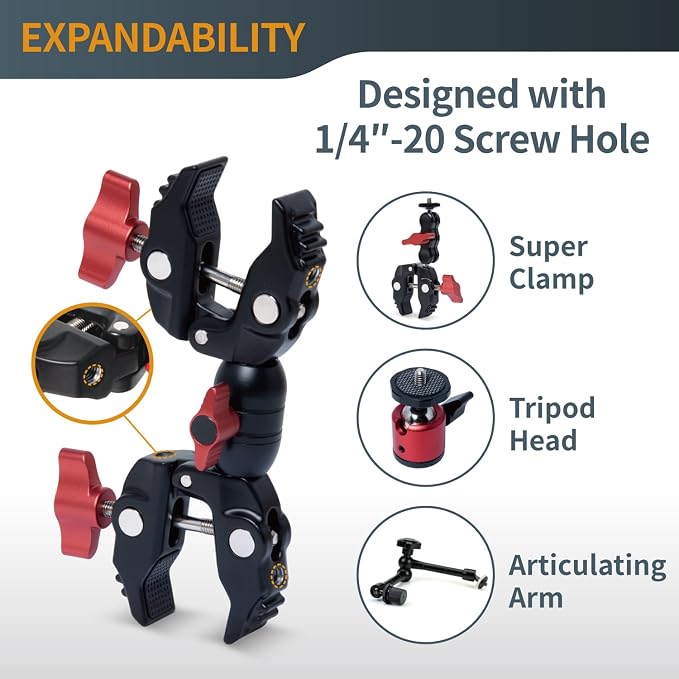 POWERTEC Double Super Clamp Camera Mount with Two 1/4"-20 Mounting Holes for Magic Arm, Desk, Umbrella, Bike, Photography Lighting, Softbox (71924) - Image 7